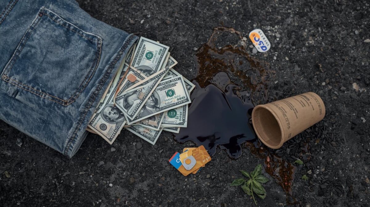 Hidden money leaks illustration with jeans pocket losing dollars, credit card, spilled coffee cup — budget tips, save money, avoid hidden expenses, financial awareness.
