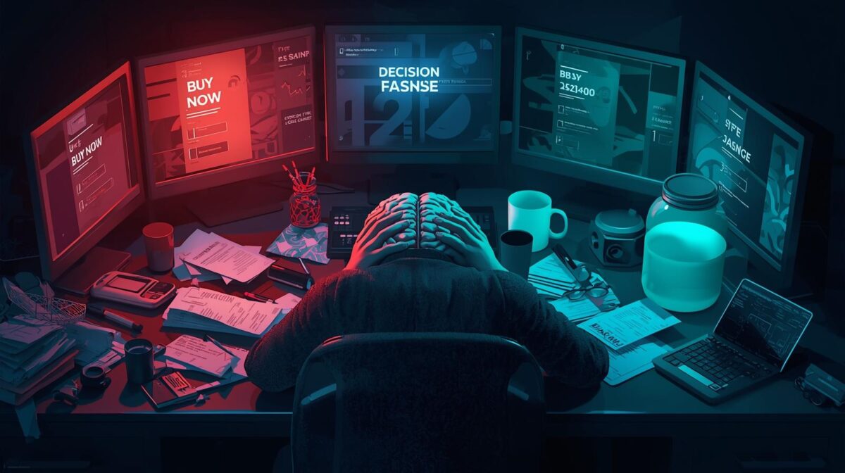 Flat vector illustration of a tired person facing decision fatigue, surrounded by sale icons and credit cards on one side, and savings tools like a jar, notebook, and calculator on the other.
