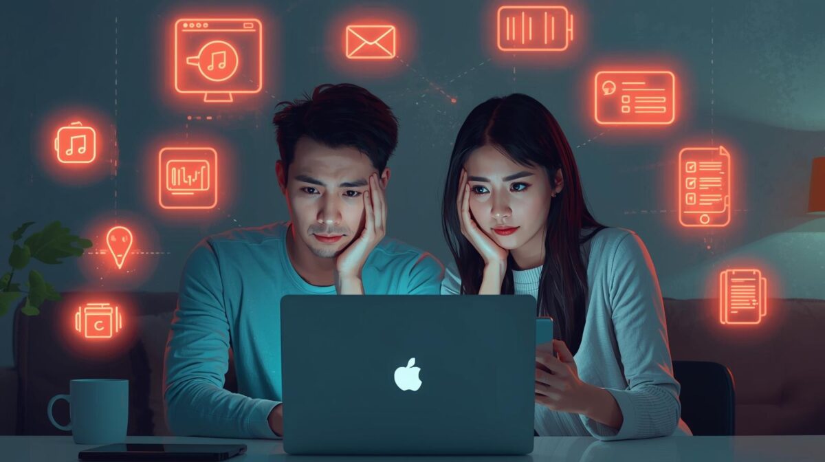 : Realistic illustration of people stressed by streaming apps, music subscriptions, shopping platforms, and online checkout traps.