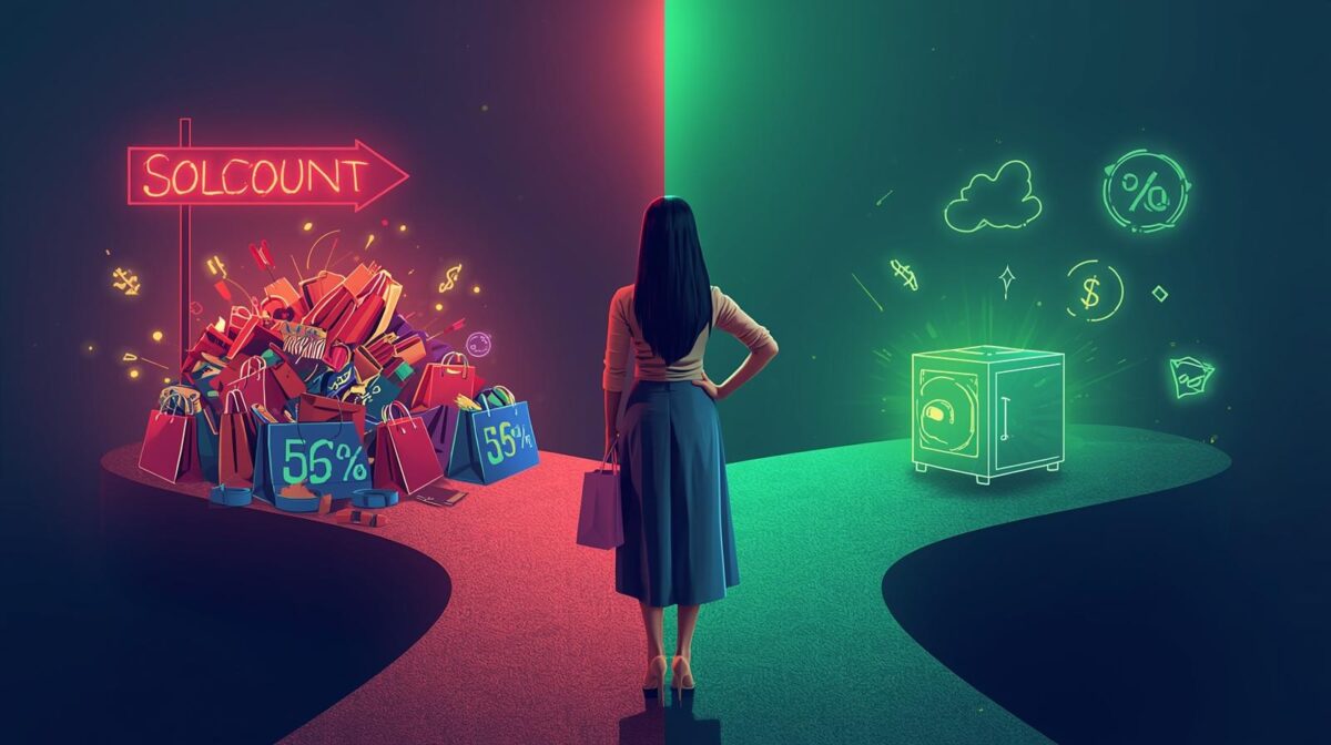 "Financial discipline versus instant gratification illustration with savings and spending paths"