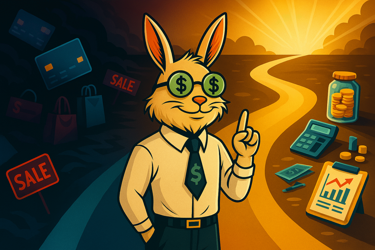 Illustration of Savvix the bunny mascot at a crossroads, choosing savings, budgeting, and financial freedom over debt and overspending