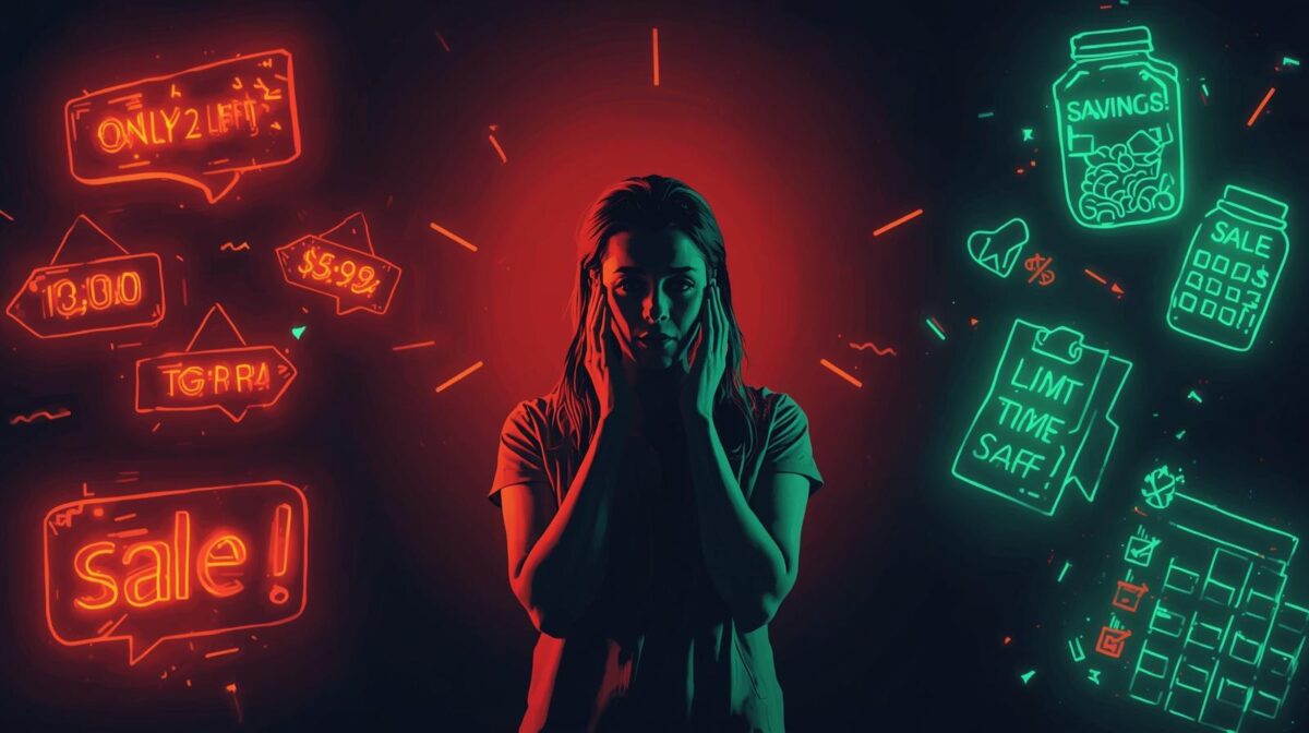 Illustration of a shopper facing glowing neon sale signs with countdown timers, symbolizing scarcity bias, FOMO, overspending, and the struggle between impulse buying and savings discipline.