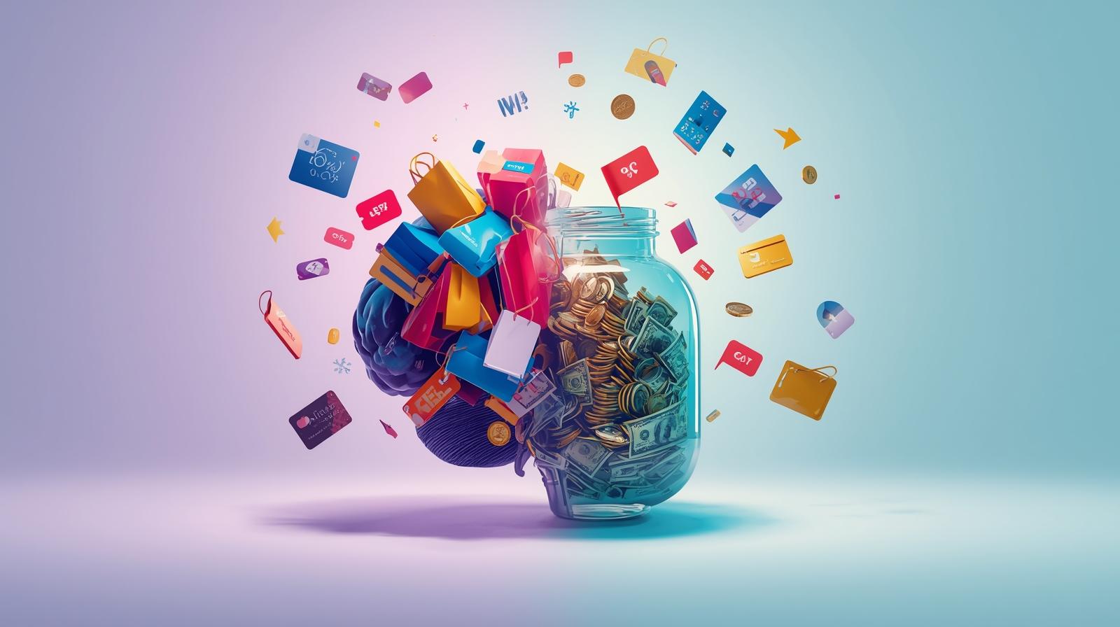 Brain illustration split in two: left side glowing with shopping bags, credit cards, and sale tags symbolizing overspending, right side with savings jar, wallet, calculator, and budget checklist symbolizing budgeting and financial discipline.