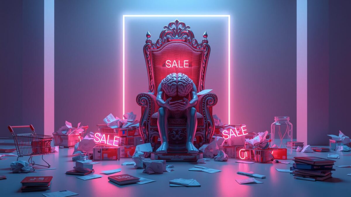 Surreal 3D illustration of a human brain on a throne of credit cards and neon sale signs, symbolizing the dopamine trap and overspending addiction.