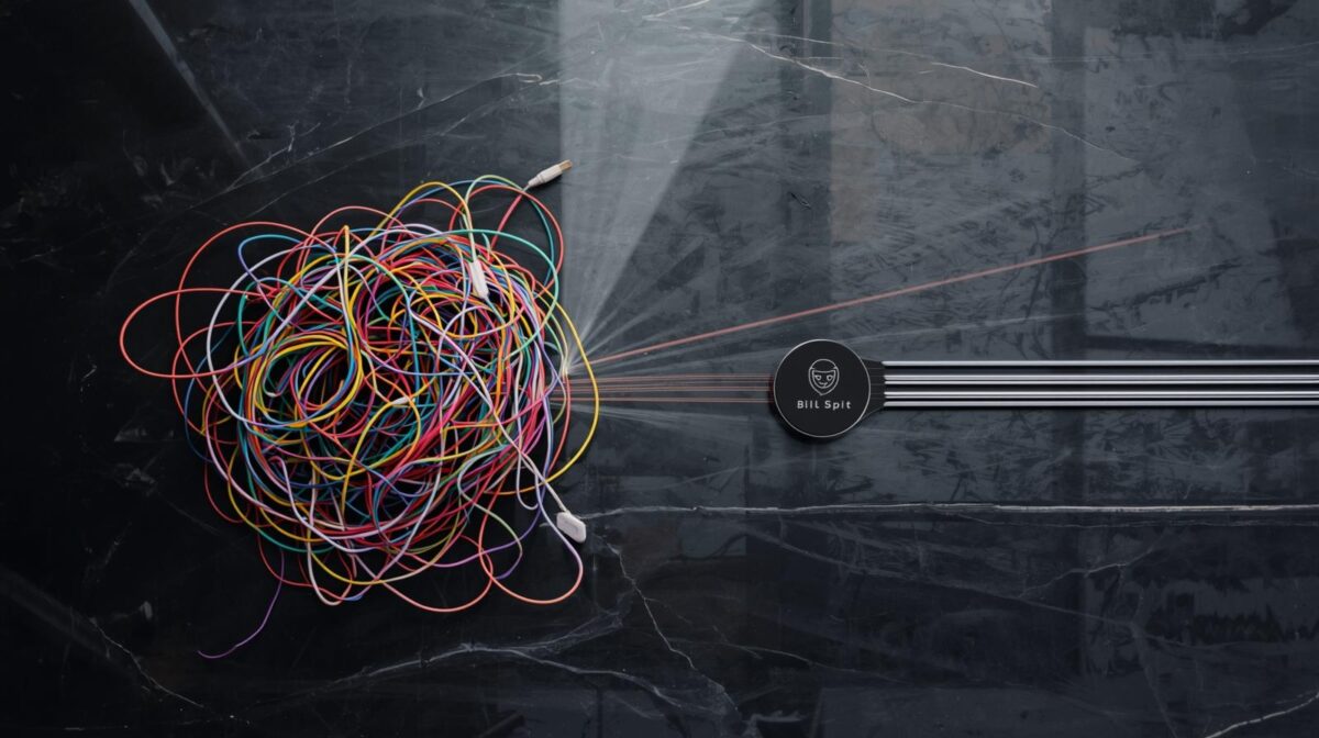 An illustration of a tangled mess of colorful cords being neatly organized by a central device, symbolizing the Bill Split - Group Budget Tool bringing clarity to shared expenses. 