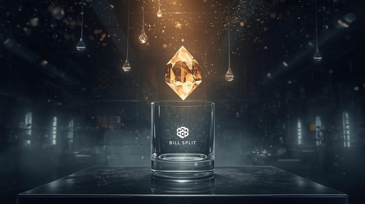An illustration of the Bill Split - Group Budget Tool as a magical container, transforming chaotic financial drops from different sources into a single, golden crystal of financial harmony. 