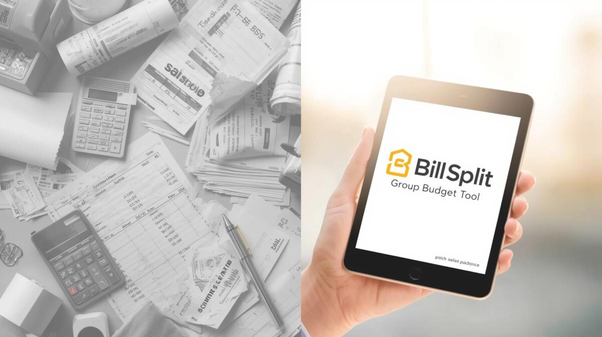 A before-and-after illustration showing a chaotic pile of paper receipts and a spreadsheet contrasted with the clean, digital interface of a Bill Split - Group Budget Tool.