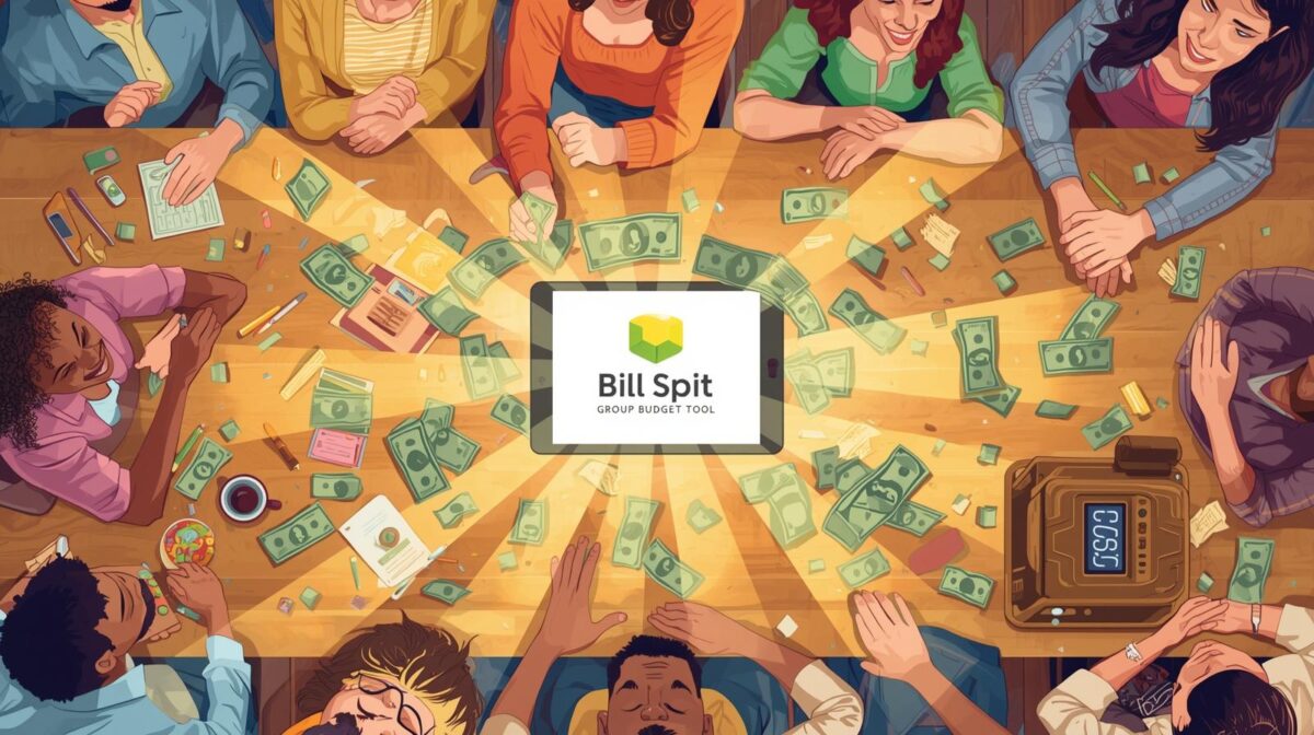 An illustration of a group of friends organizing a chaotic pile of bills and cash with a central device, symbolizing the Bill Split - Group Budget Tool bringing clarity to shared expenses. 