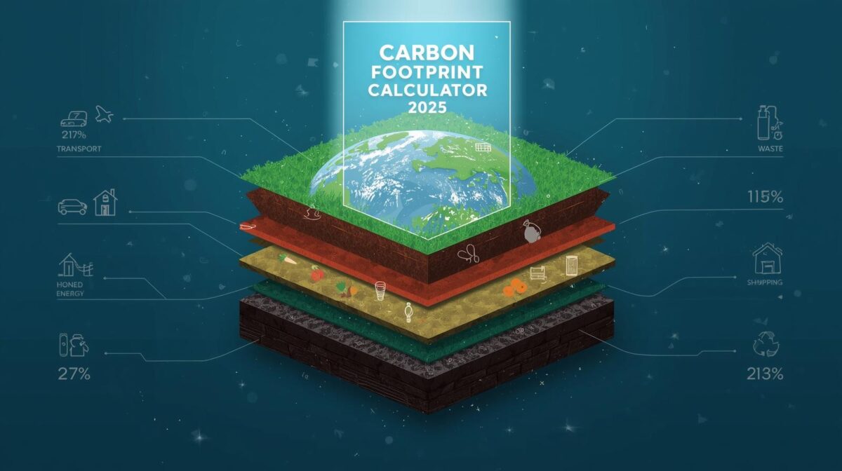 Carbon footprint calculator infographic showing category impact percentages for transport, home energy, food, shopping, and waste