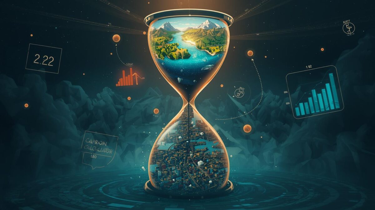 Carbon footprint calculator concept with Earth inside an hourglass showing climate change, green energy, and CO2 emissions in 2025