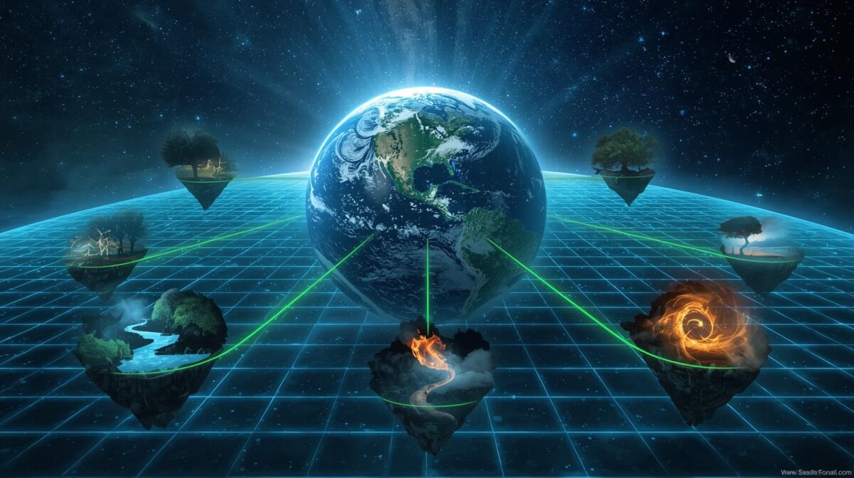 Cinematic digital artwork of Earth with floating symbolic islands showing tree, turbines, water, footsteps, flame, and stars