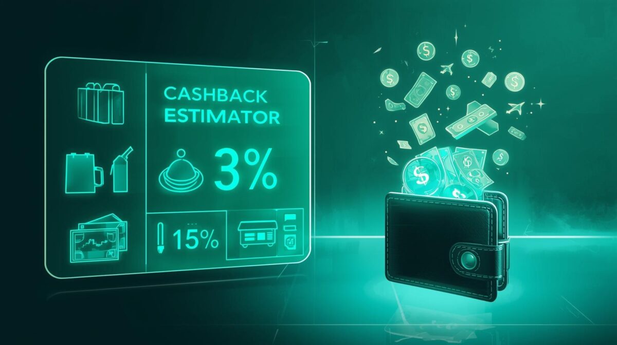 Futuristic Credit Card Cashback Calculator interface analyzing rewards and card types.