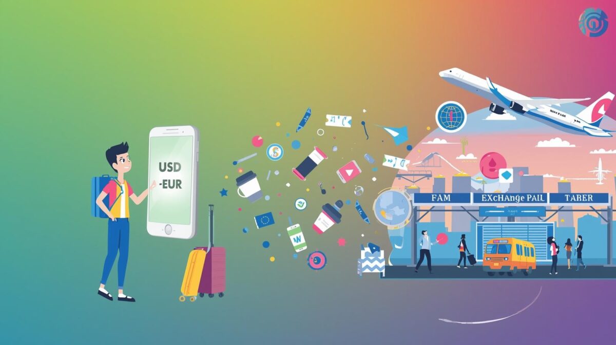 Illustration of a traveler checking currency conversion on a smartphone at an airport with floating expense icons.