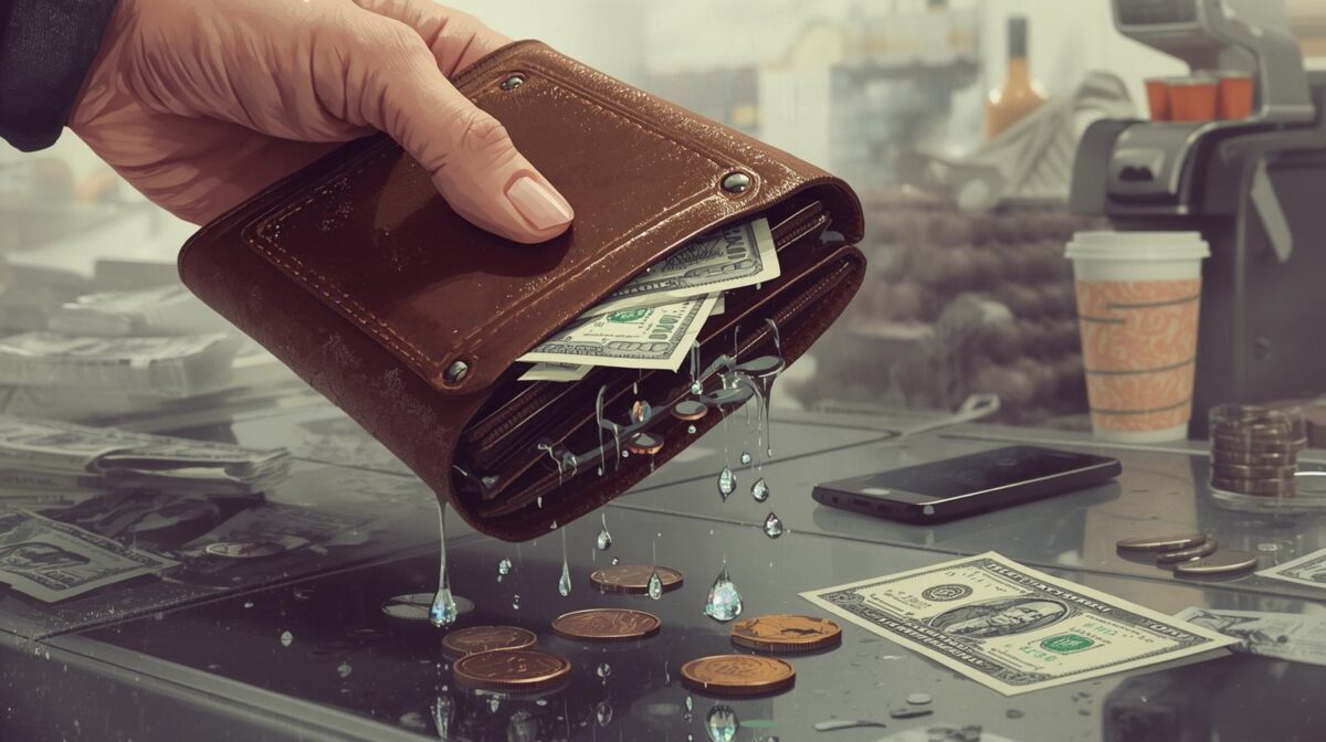 An illustration of a hand holding a brown wallet with money leaking out, showing the importance of how to save money fast.
