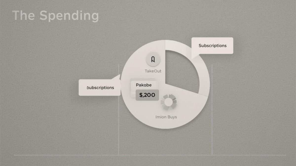 A conceptual data visualization showing a pie chart where slices representing "takeout," "subscriptions," and "impulse buys" have been uncovered, symbolizing spending confessions and financial leakage. 