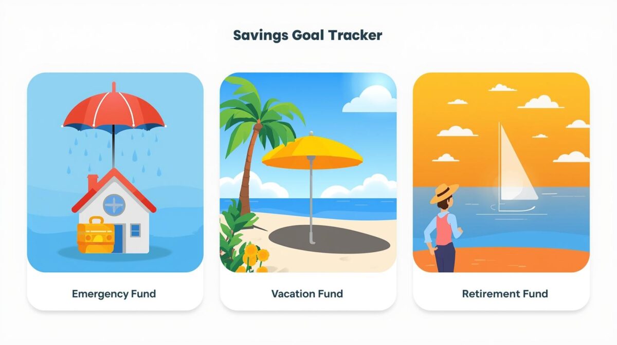 An illustration of three distinct financial goals: an emergency fund, a vacation, and retirement, all managed with a Savings Goal Tracker. 