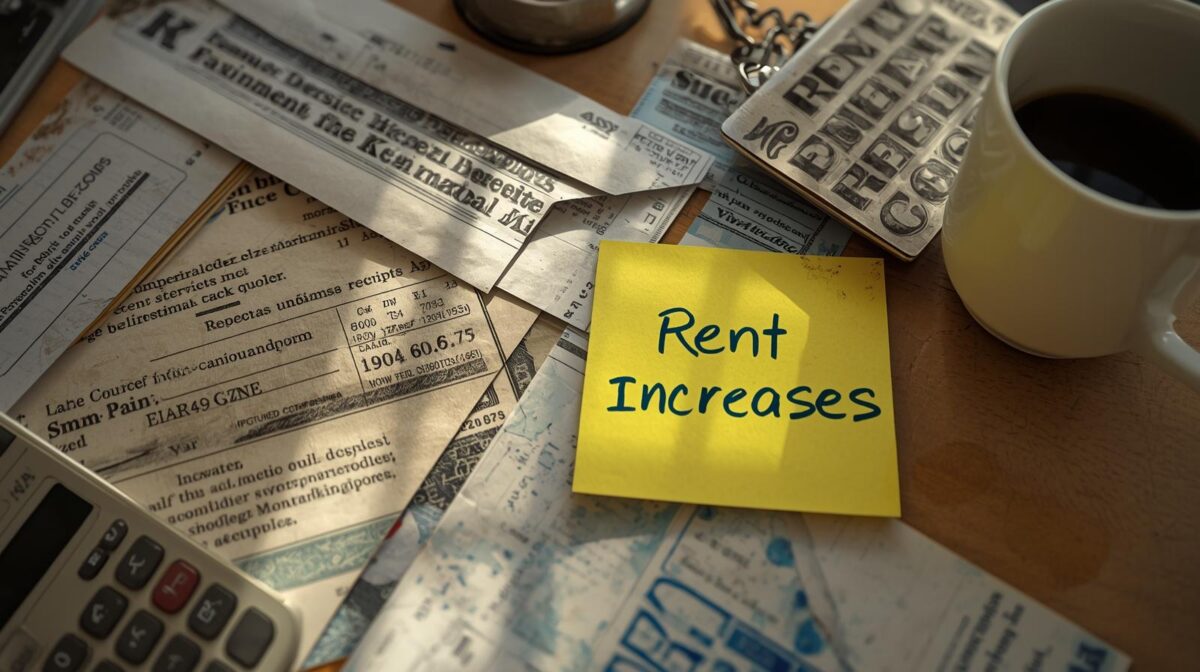 Hidden rental costs with bills, rent receipts, and a calculator for Rent vs. Buy Calculator money saving guide.