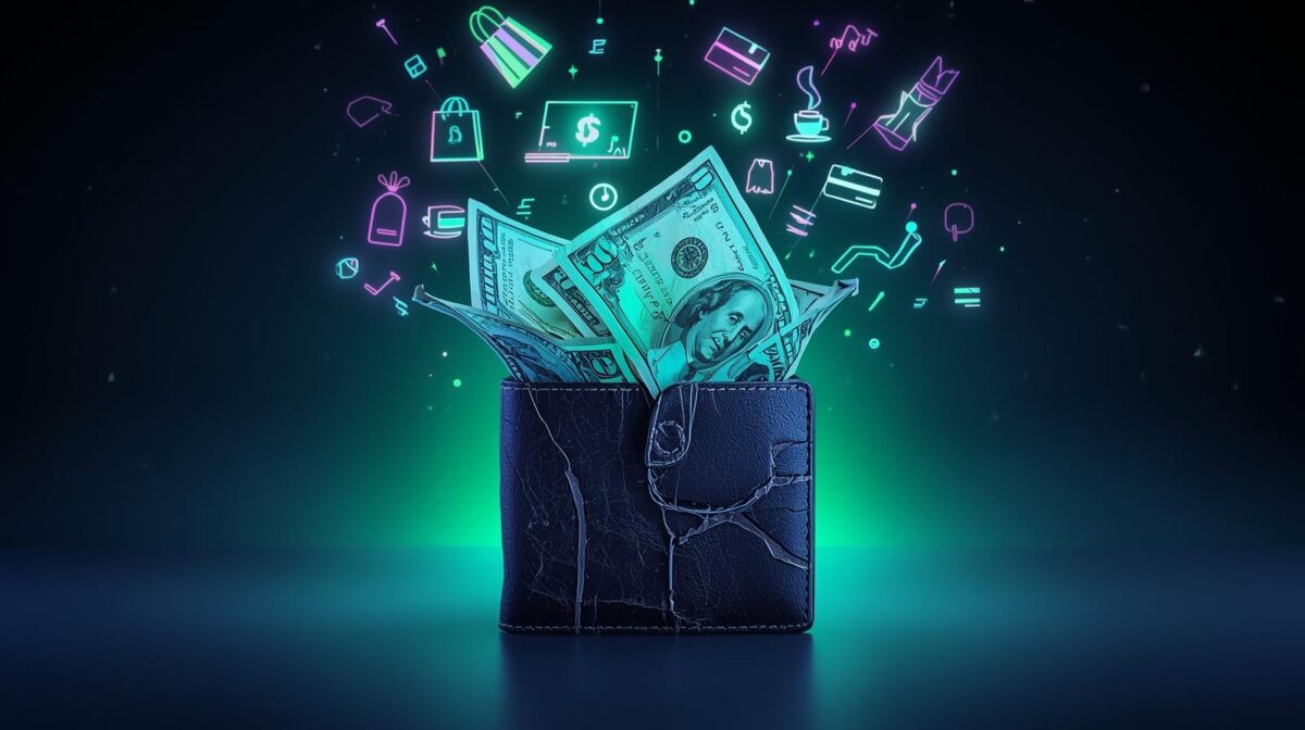 Impulse Spending Tracker showing wallet losing money through coffee, shopping, and credit cards