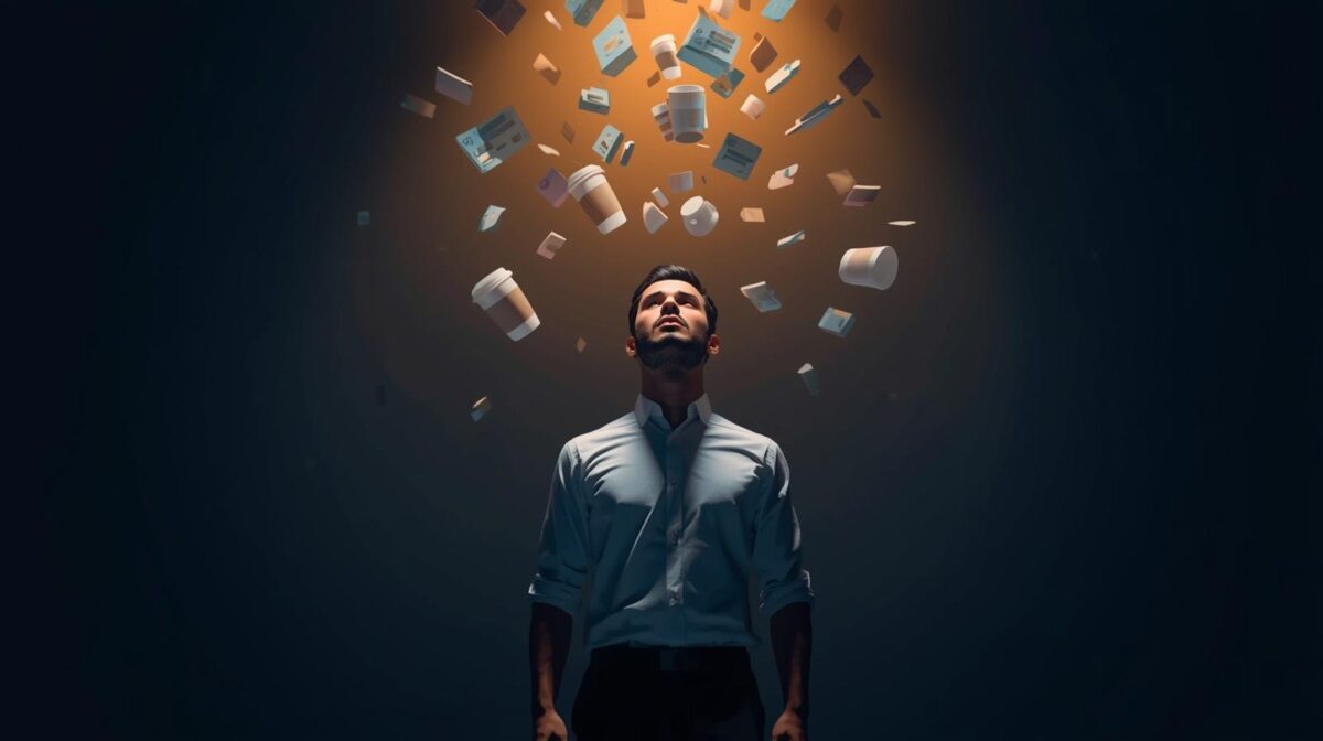 Impulse Spending Tracker concept showing emotional spending triggers with shopping ads, coffee, and credit cards