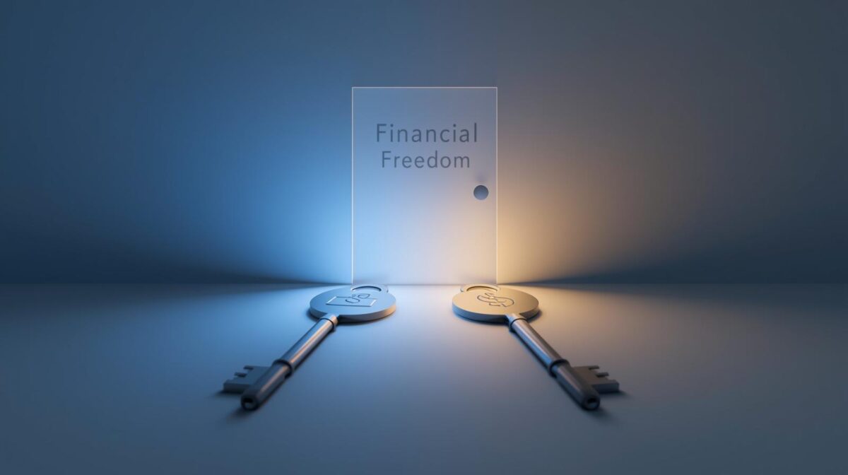 Two glowing keys, representing a budgeting app and a High-Yield Savings Account, unlocking a door to financial freedom. 