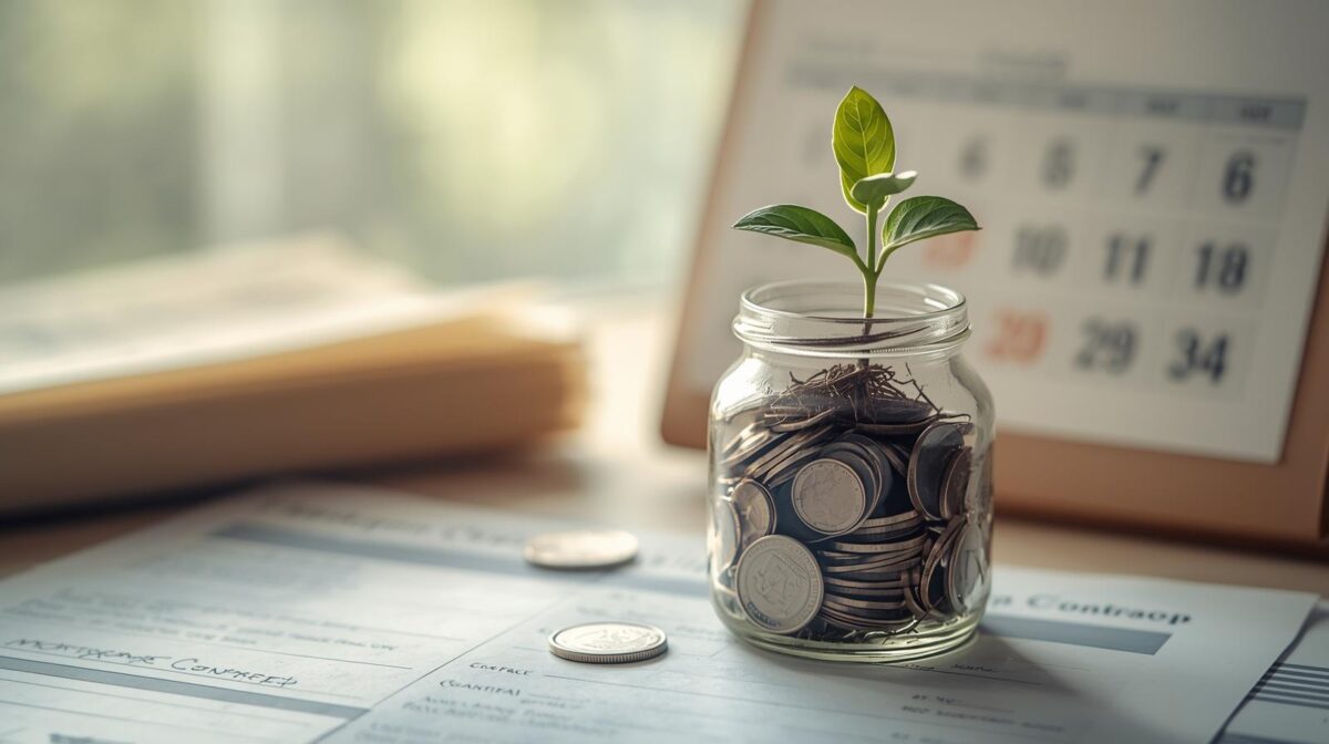 Plant growing inside a glass jar filled with coins on mortgage contract with blurred calendar, symbolizing long-term financial impact.