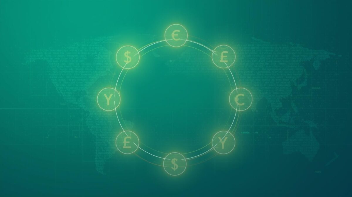 Illustration of a glowing chart with major currencies connected by trade lines on a world map.