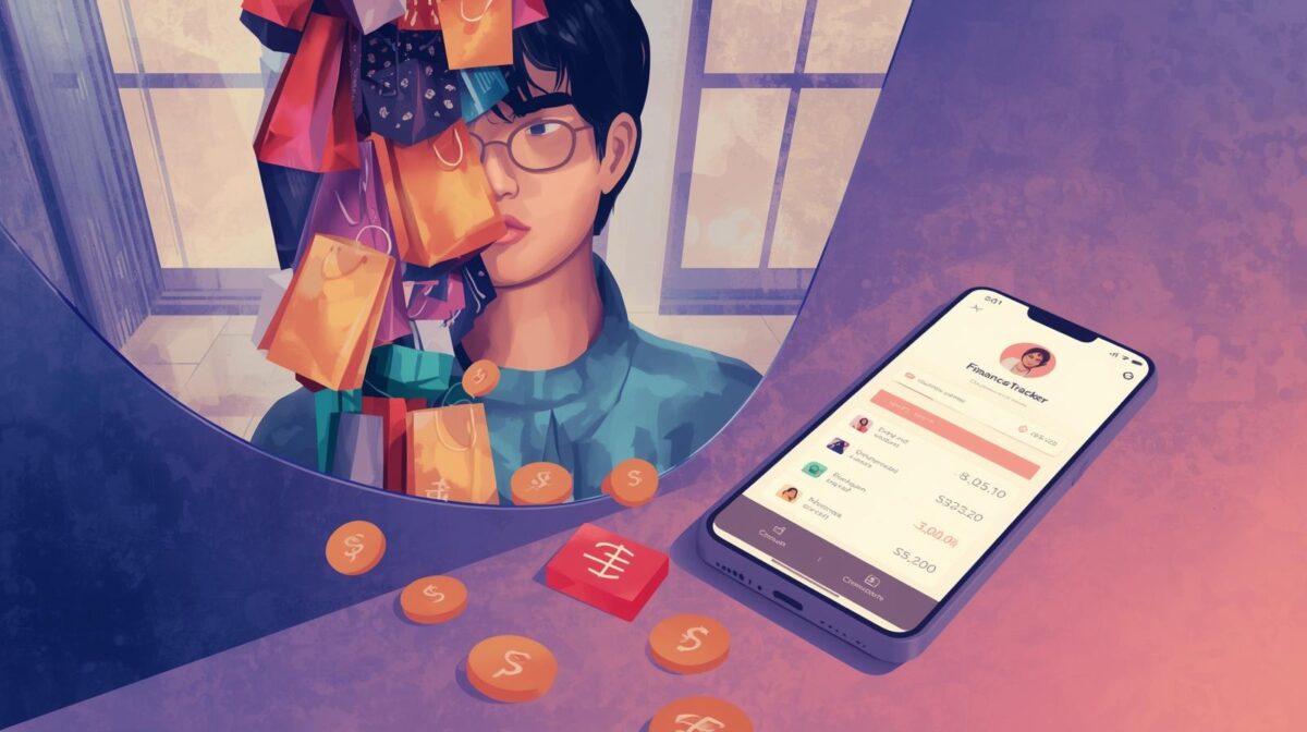 Reflection of emotional spending in a mirror showing shopping bags, food boxes, and credit card icons, with an expense tracker app highlighting patterns.