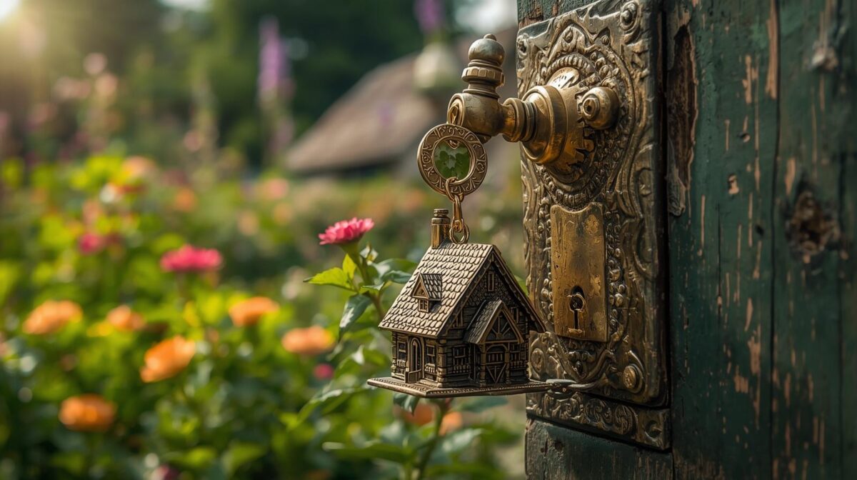 Couple keychain on front door keyhole with mortgage documents and calculator, showing how the Rent vs Buy Calculator helps uncover myths about buying a home and making smarter financial choices.