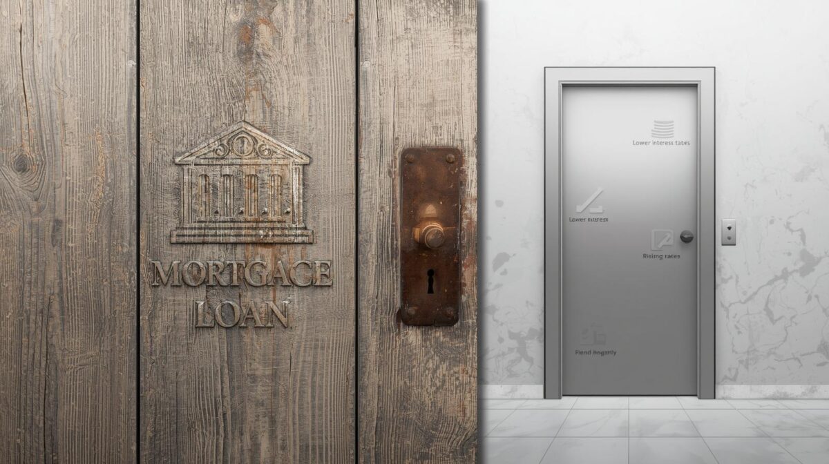 An illustration of old and new doors, with a key turning in a new door, symbolizing the process of mortgage refinancing and finding better home loan terms.