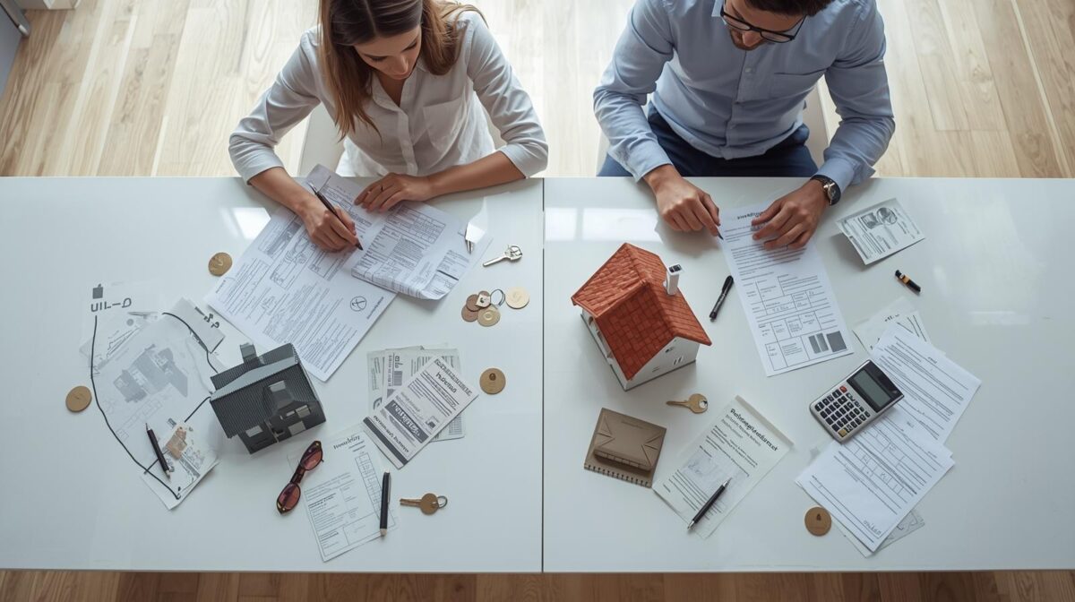 Rent vs Buy Calculator real-life scenario with rental agreements, mortgage documents, apartment keys, and monthly bills showing housing cost comparison.