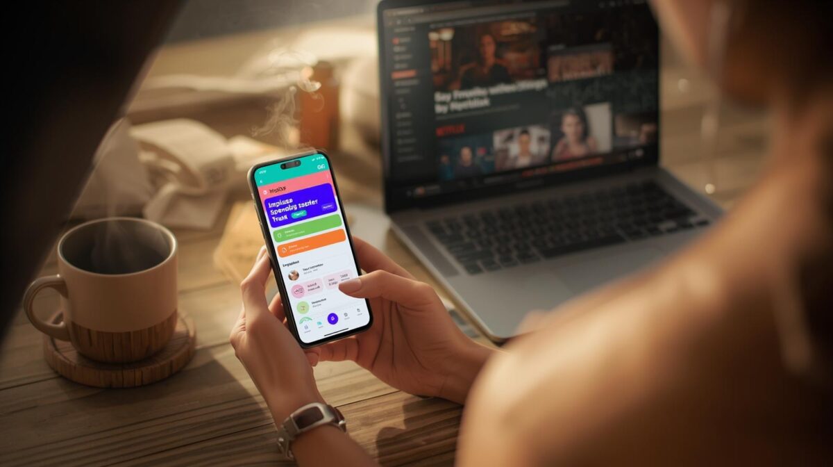 Young woman logging daily expenses on an Impulse Spending Tracker app while enjoying coffee and Netflix, showing how small habits save money