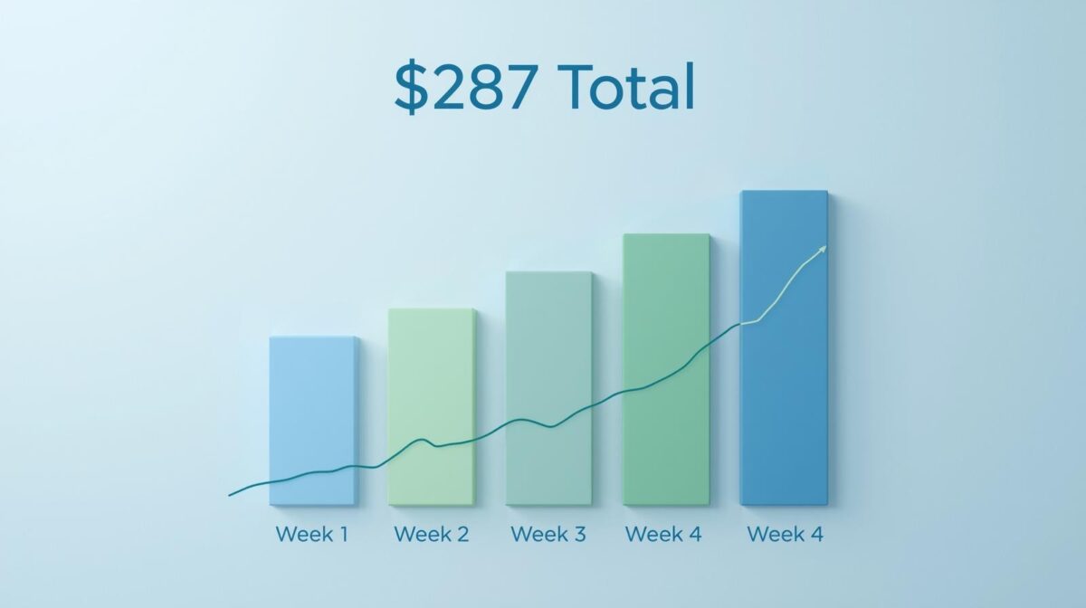 A bar chart infographic breaking down weekly savings amounts, with a prominent '$287 Total' display, demonstrating concrete savings from a consistent habit.
