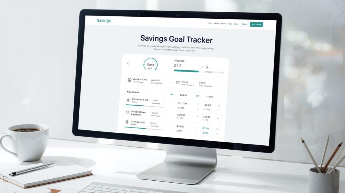 A person actively using the Savings Goals Tracker web tool on a desktop computer, showing a clean interface for managing financial goals.