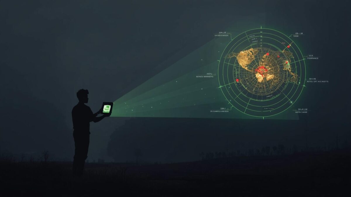 An illustration of a person using a Side Hustle Profit Estimator radar to find a clear path and opportunities on a market map, avoiding competitors.