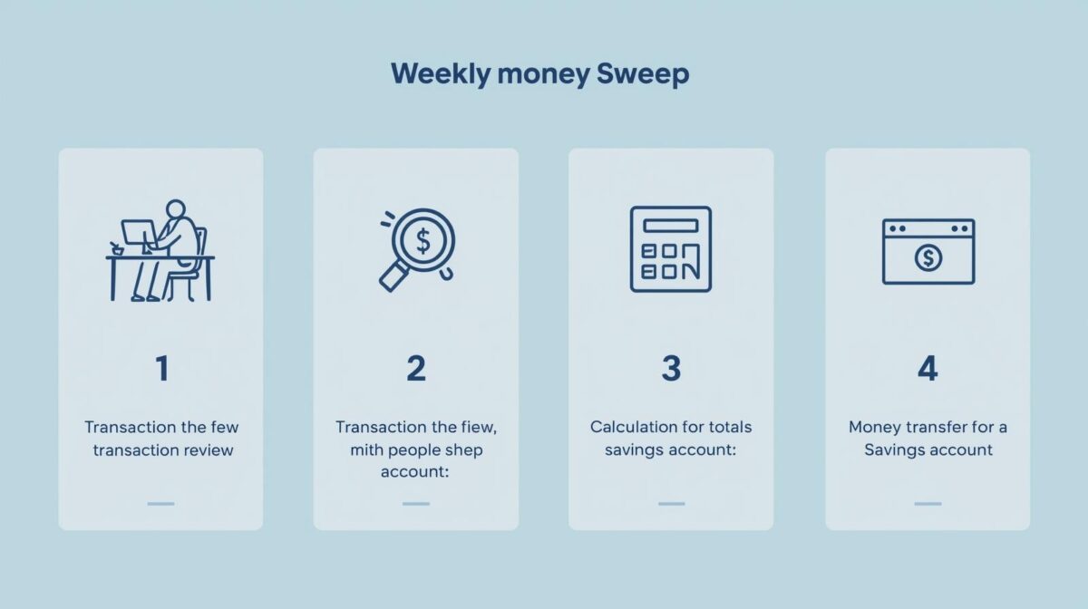 Infographic showing a step-by-step guide to performing the first money sweep ritual, from reviewing transactions to transferring savings.