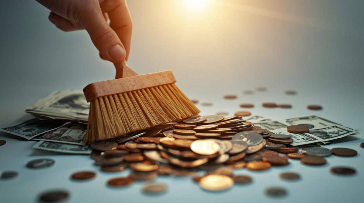 Illustration of a hand performing a 'Weekly Money Sweep,' collecting scattered money into a neat pile, symbolizing a financial epiphany and new control.