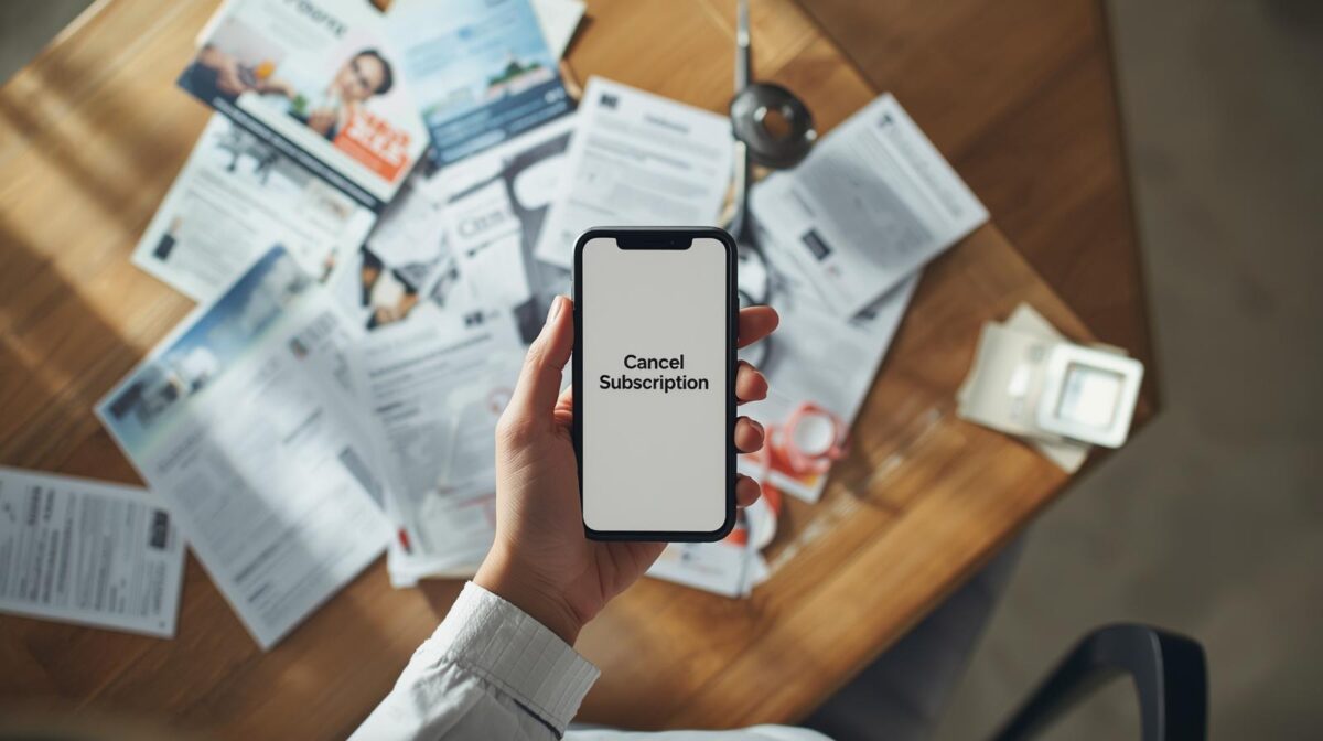 Realistic photo of canceling multiple digital subscriptions to eliminate hidden money leaks.