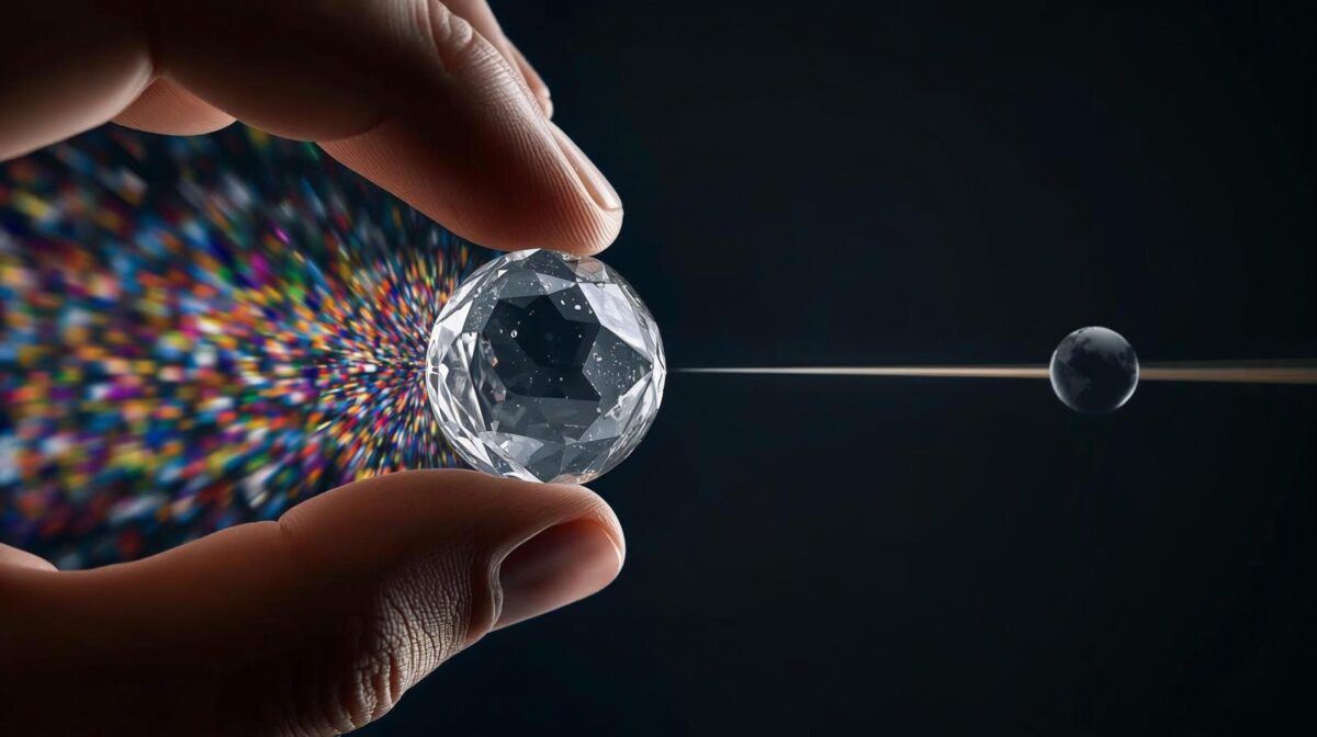 A content localization micro-agency concept: hands focusing a chaotic beam of light through a crystal lens, representing one of the most profitable business ideas under $1000 for the global online economy.