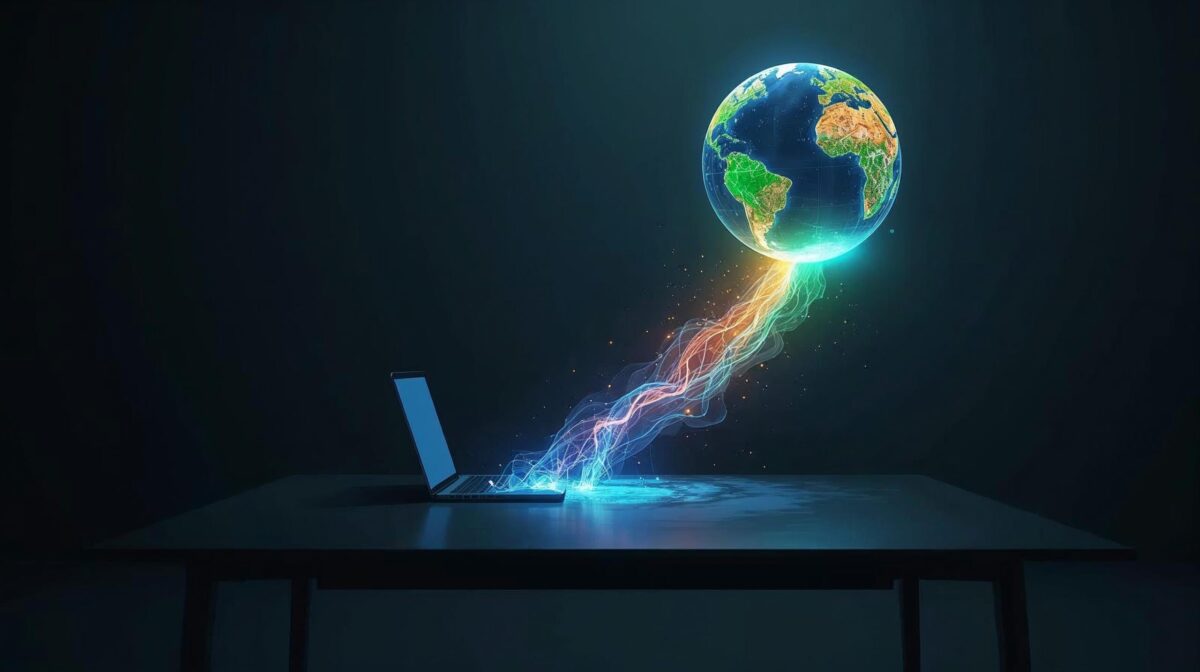 A content localization micro-agency concept: a digital data stream flows from a laptop, changing color as it forms a holographic globe, representing a profitable business idea under $1000 for the global online economy.