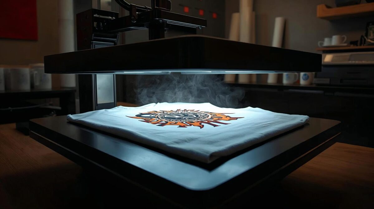 A cinematic shot of a heat press machine opening to reveal a freshly printed custom design on a t-shirt, representing a low-cost digital printing business.