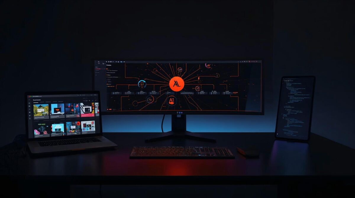A professional desk setup for a Digital Product & AI Automation Studio, showing automation workflows on a monitor, digital products on a laptop, and AI tools on a tablet.