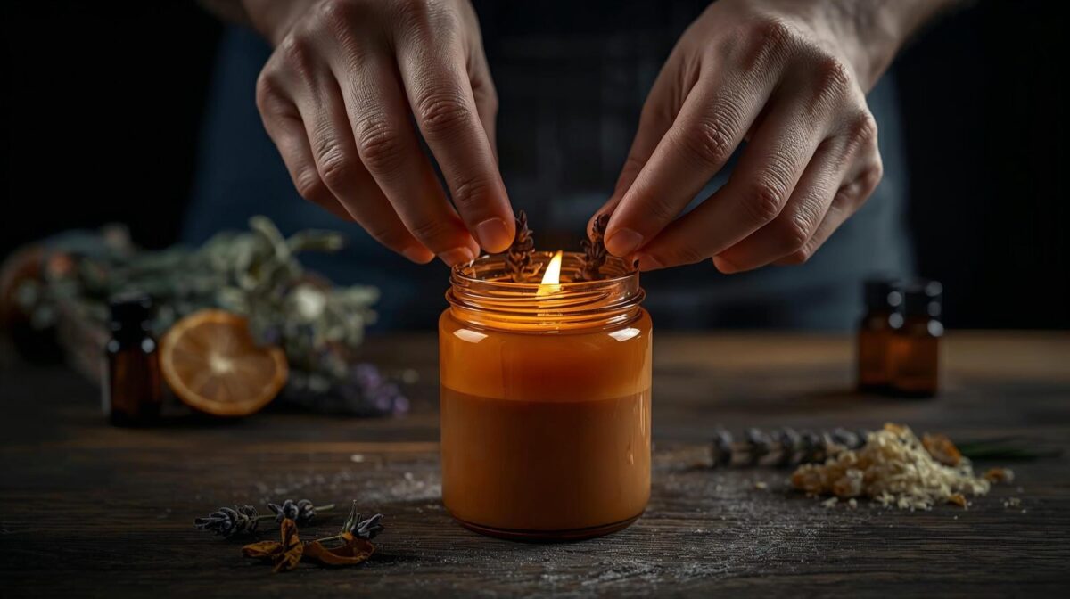 An artisan making eco-friendly candles, adding natural botanicals to soy wax, representing profitable business ideas under $1000.