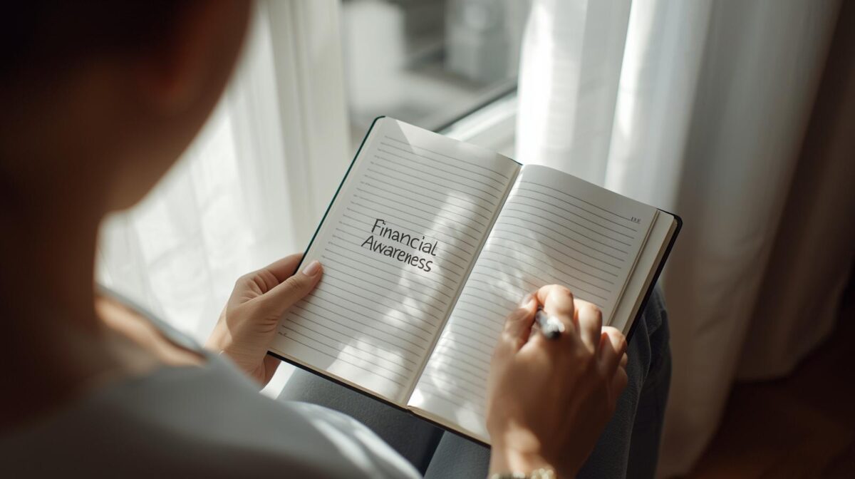 Realistic photo of a person journaling about financial awareness, showing the mindset shift needed to recognize hidden money leaks.