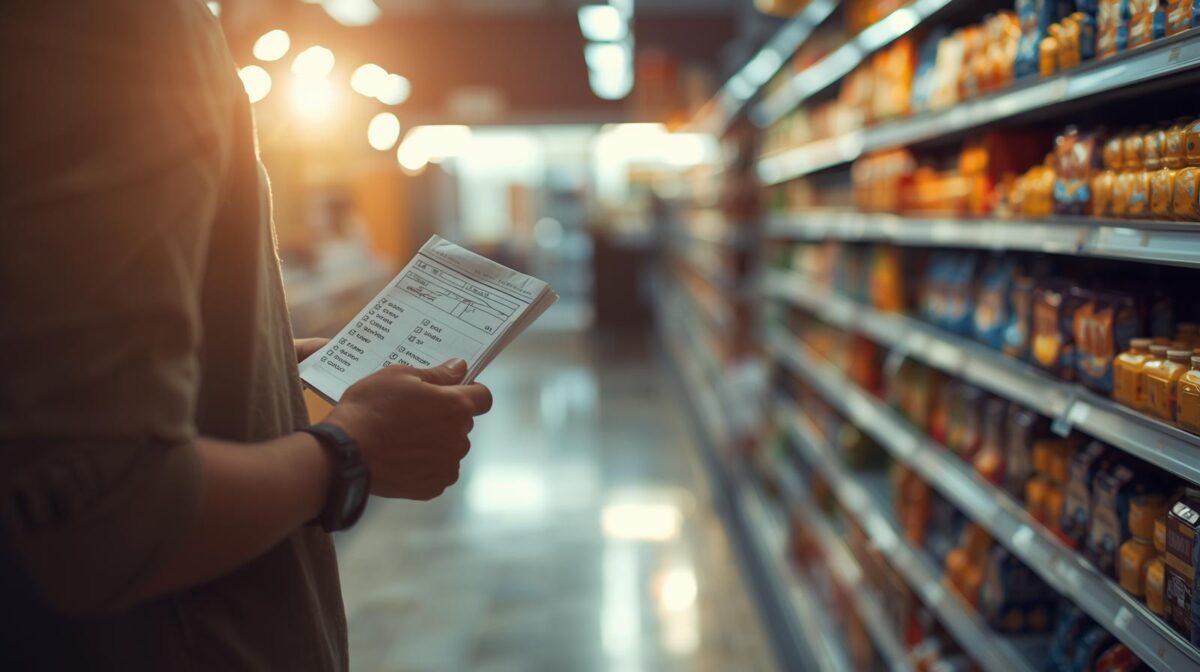 Realistic photo of a person comparing prices in a supermarket, symbolizing hidden money leaks in daily spending habits.