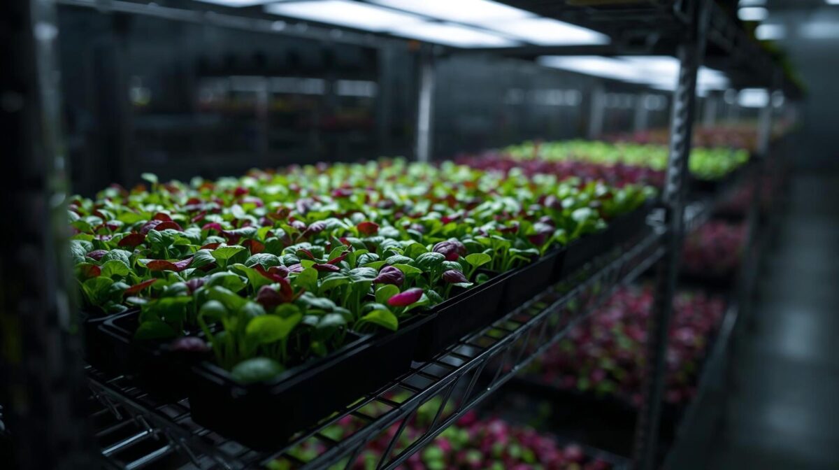 Trays of vibrant, healthy microgreens growing on a rack under LED lights, representing a profitable microgreens business under $1000.