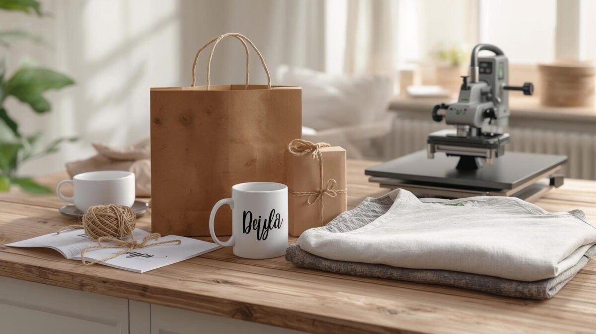 A collection of personalized gifts, including a custom mug and t-shirt, representing a profitable gift printing business under $1000.