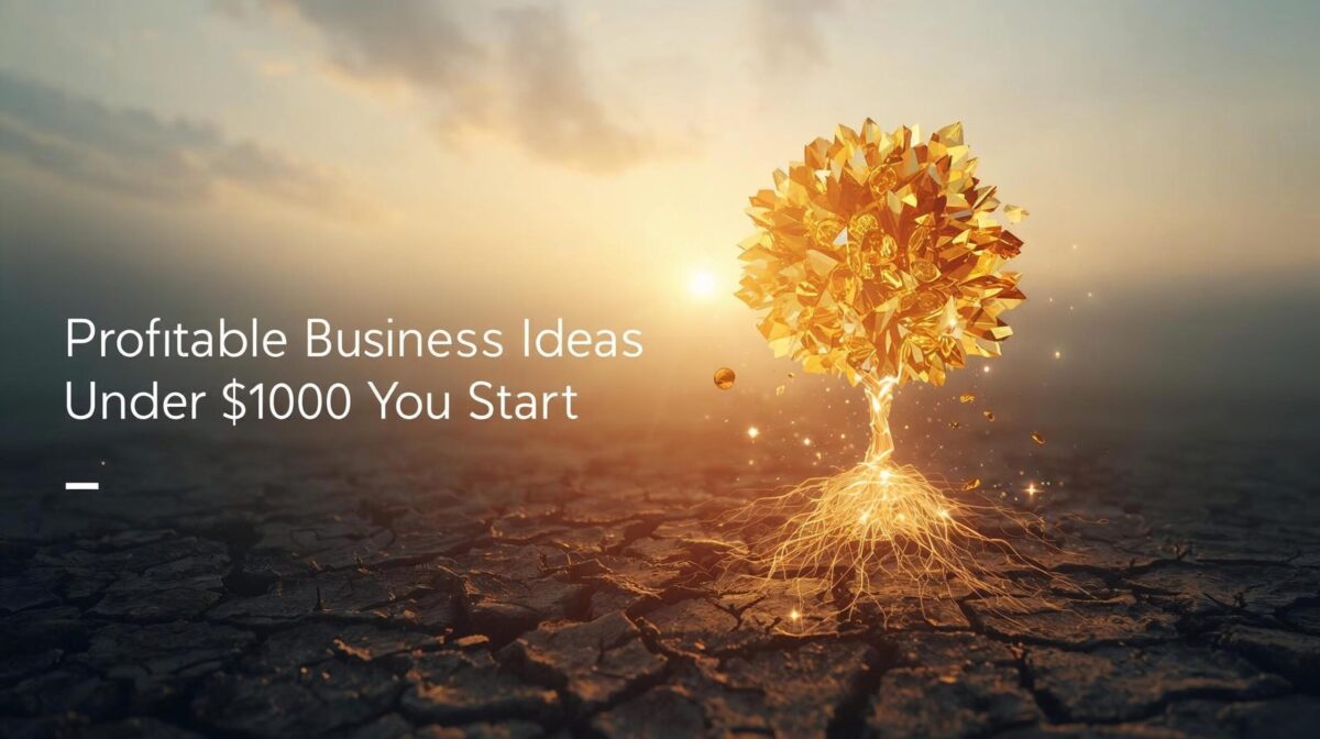 A surreal concept of a glowing golden tree growing from cracked ground, symbolizing profitable business ideas under $1000 and small investments that lead to growth.