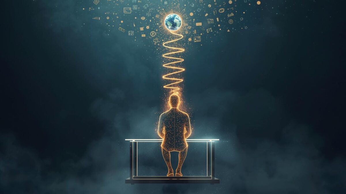 A surreal golden silhouette sitting at a floating desk in a dark ethereal space, glowing data streams and symbols rising toward a radiant Earth, symbolizing profitable business ideas under $1000 and online consulting success in 2025.