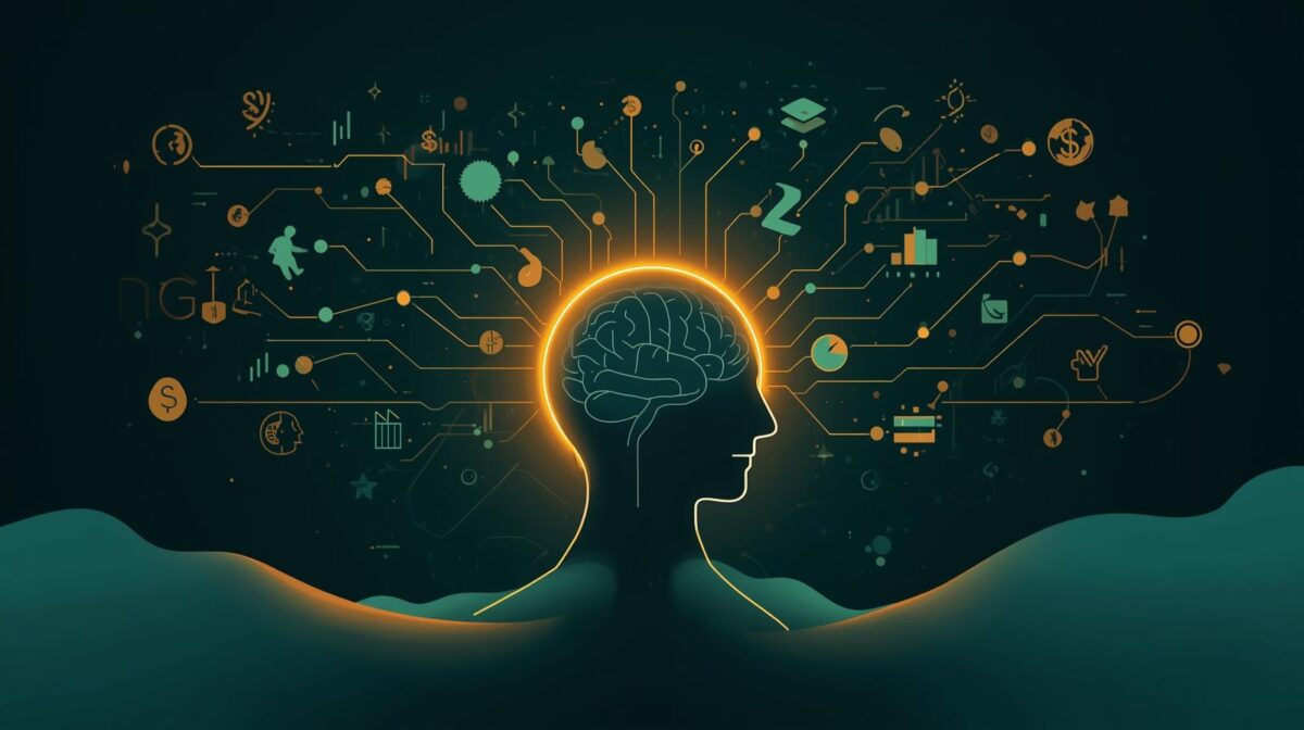 Abstract illustration of a glowing human mind connected to financial symbols, representing the psychology behind successful budget plans, money mindset, spending habits, financial behavior triggers, and why many budget plans fail quickly.