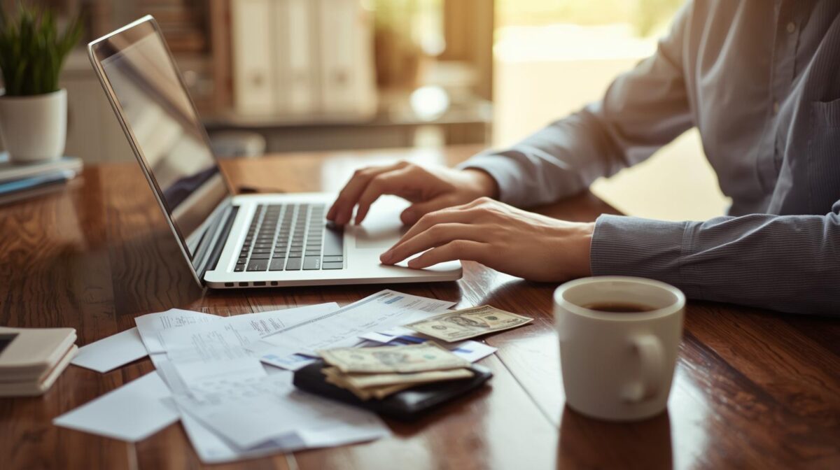 Realistic photo of a person reviewing expenses on a laptop with money slipping from a wallet, representing hidden money leaks.
